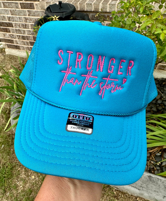 Stronger Than The Storm Turquoise Embroidered Trucker Hat