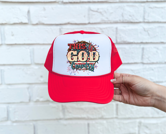 God Country DTF Printed Red & White Trucker Hat