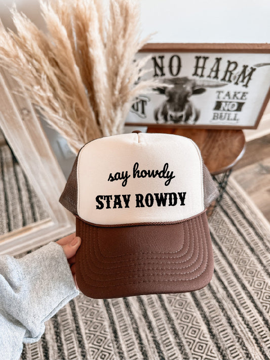 Stay Rowdy DTF Printed Brown & Tan Trucker Hat